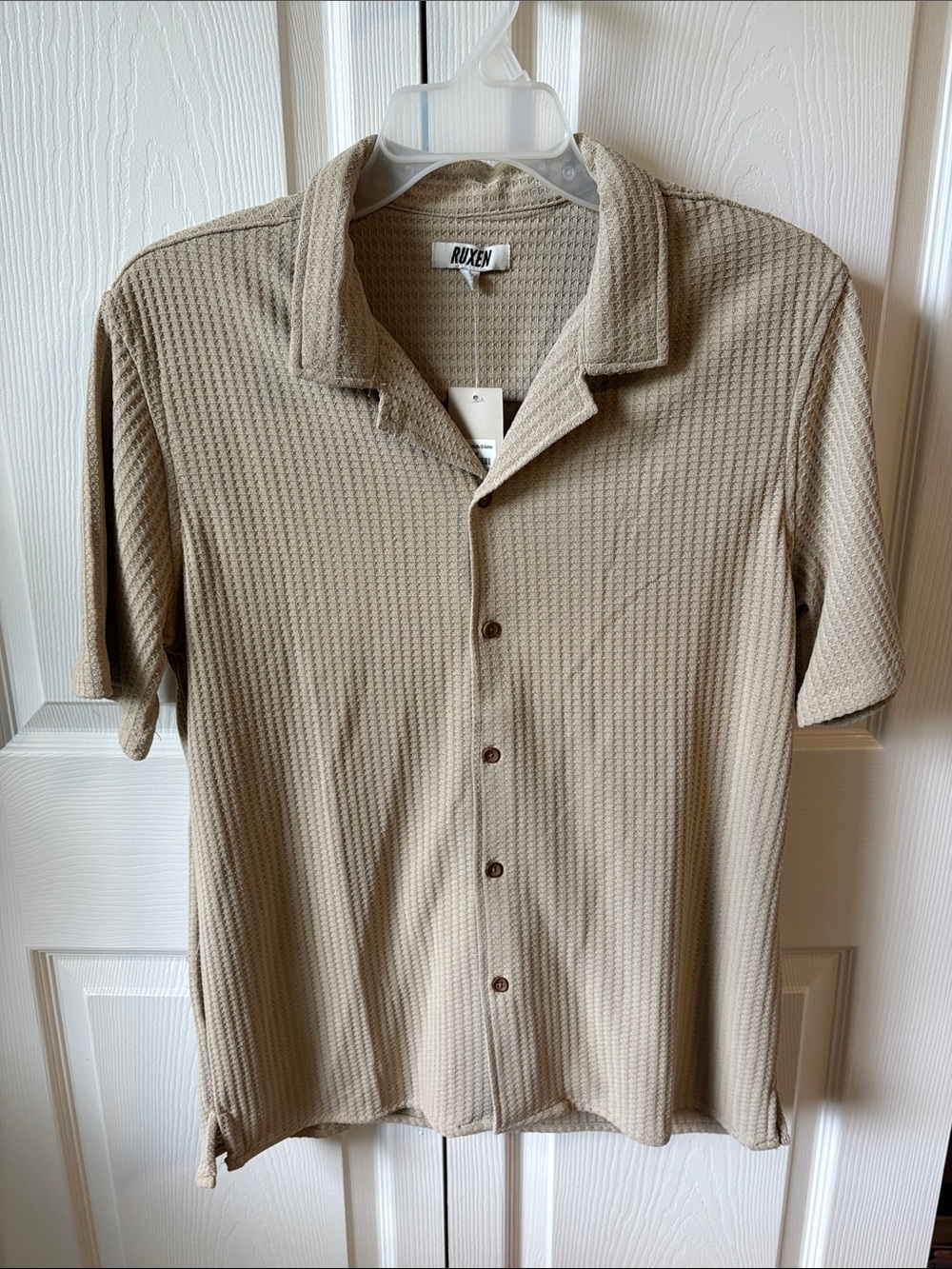 Men's Ruxen Cuba Waffle Short Sleeve Button Down Shirt (M/Khaki)
